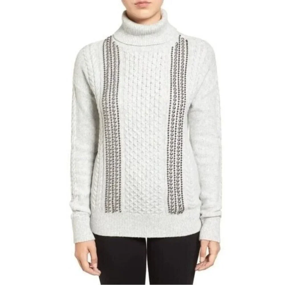 Halogen Wool Blend Turtle Neck Beaded Knit Sweater Holiday Cozy‎ Cabincore MP